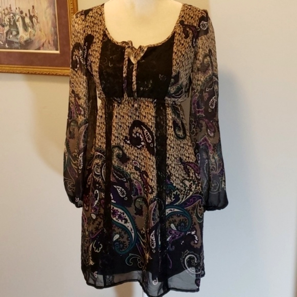 AS U Wish Paisley Boho Style Dress Long Slve EUC